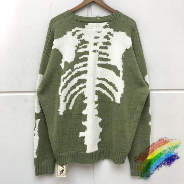 

men's sweaters 2021fw winter skeleton bone printing kapital sweater men women crewneck vintage green sweatshirts damage hole knit pullo, White;black