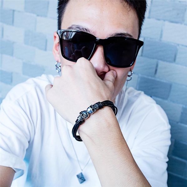 

горячая распродажа из нержавеющей стали pu кожи черный цвет черепа форма украшения несколько веревочных браслетов мода браслет мужские ювели, Bronze;silver