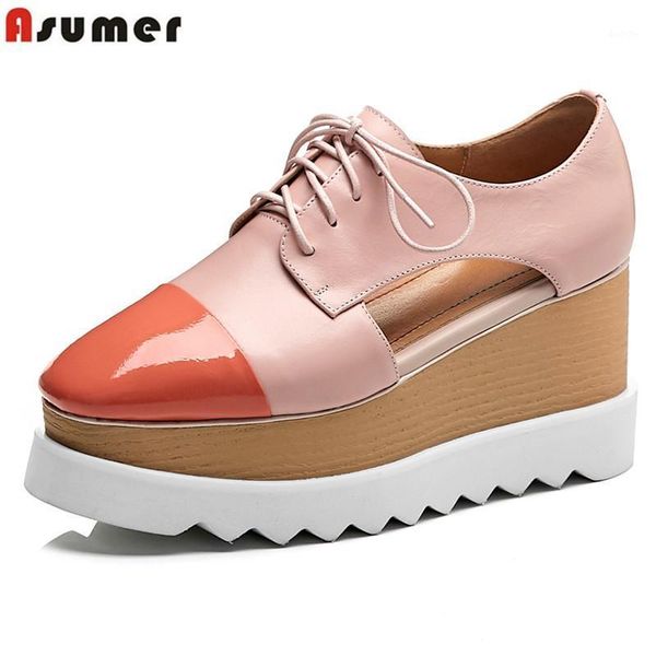 

asumer plus size 34-40 genuine leather pumps women shoes lace up platform wedge shoes mixed color spring summer female1, Black