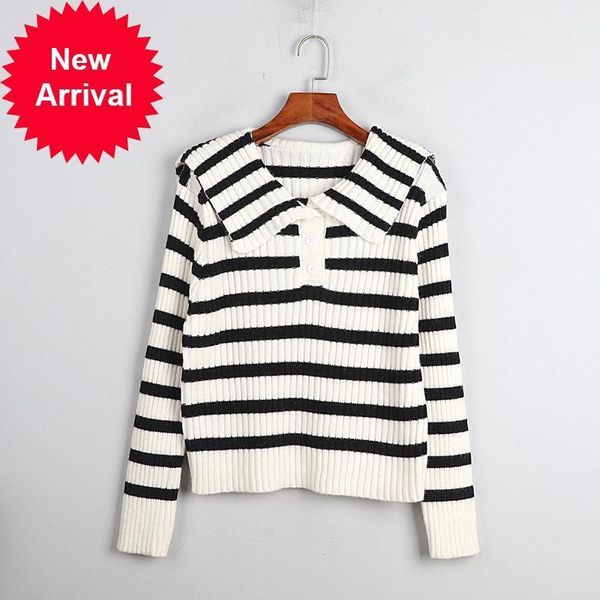 

new autumn 2021 fashion design simple new black and white striped female loose pullover all-match sweater 93zw, White;black
