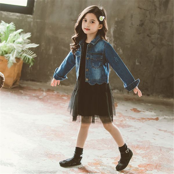 

children clothing sets autumn winter girl clothes fashion turndown collar denim coat jacket +princess lace tutu dress 2pcs suit y1107, White