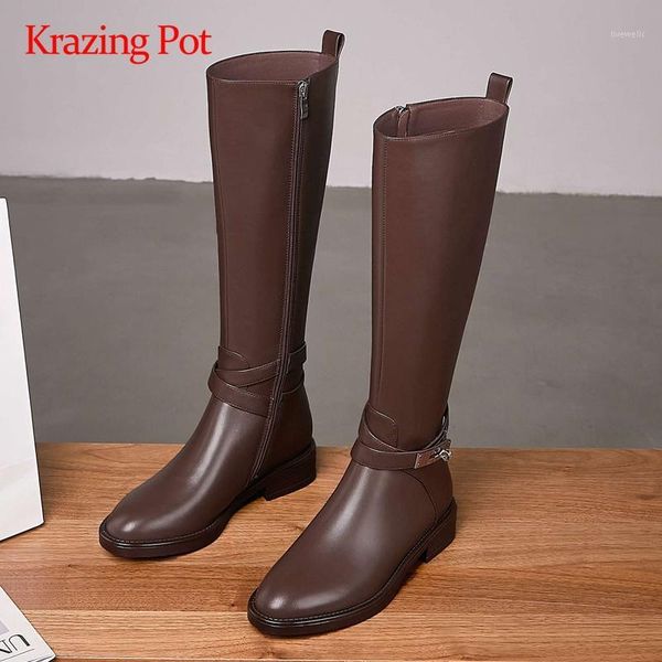 

krazing pot 2020 riding boots genuine leather buckle decorations leisure dating round toe thick med heel zip knee high boots l971, Black