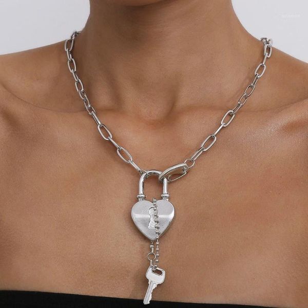 

diezi hip hop lock key heart pendant necklace silver color beads chain choker necklaces women multilayer statement necklace 20201