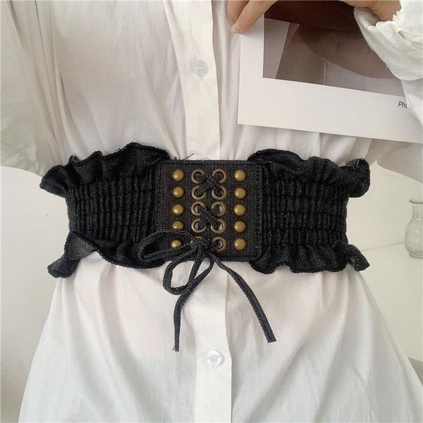 

waistbands for dress waist seal vintage denim rivet belt bow elastic bandage wide trench lace cummerbund women, Black;brown