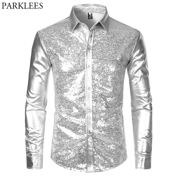 

silver metallic sequins glitter shirt men new 70's disco party halloween costume chemise homme stage performance shirt male 201120, White;black
