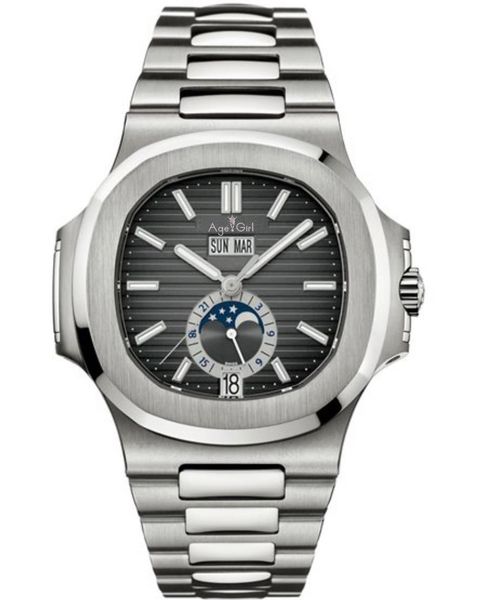 

classic new automatic mechanical men watch sapphire perpetual calendar transparent silver moon phase black grey aaa, Slivery;brown