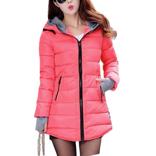 

women fashion cotton padded parkas casual hooded long coat thicken zipper slim fit long parka warm winter jackets candy colors, Black
