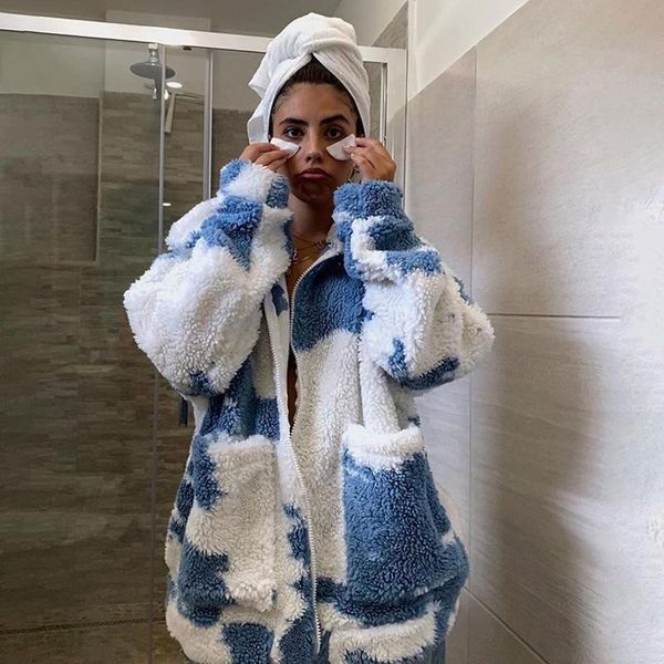 

women's winter stylish tie dye fur long sleeve lapel casual coat zipper pockets jacket slim outerwear, Black