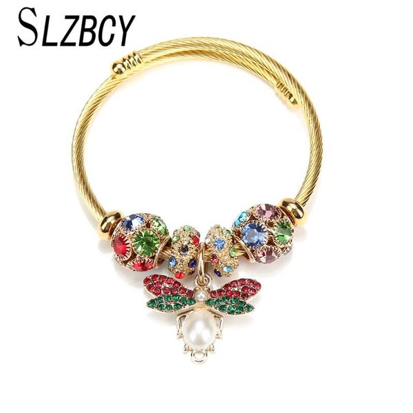 

charm bracelets women gold color opening adjustable bangle charms colorful crystal beads honeybee pendant bracelet stainless steel jewelry, Golden;silver