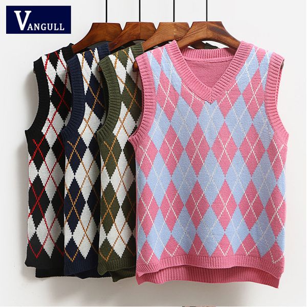 Vanull Argyle Moda Örme Yelek Kadın Rahat Kore Kazak Esneklik Kazak Bahar Sonbahar Kolsuz V Yaka Tankı Tops 201031