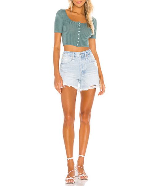 

summer 2020 new women's breasted sleeve fashion short slim square neck t-shirt, Black;gray