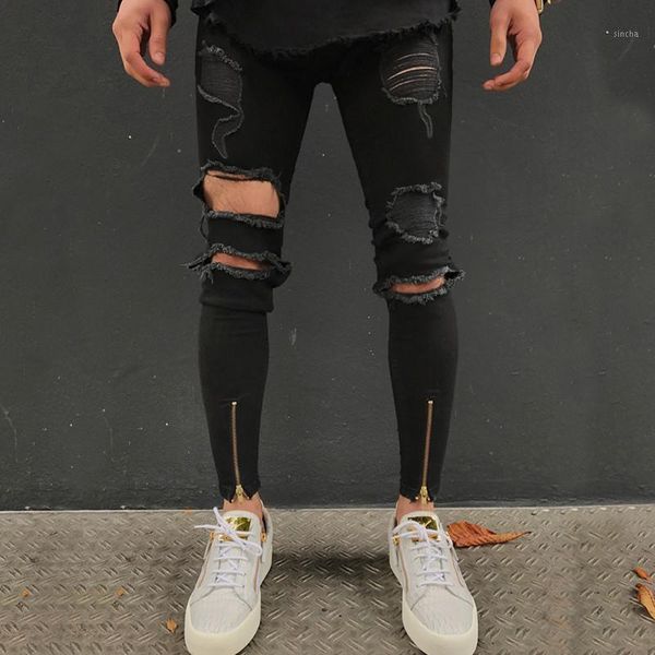 

dropshipping knee ripped jeans men super skinny ankle zipper men jeans elastic pant designer brand clothing street fashion slim1, Blue
