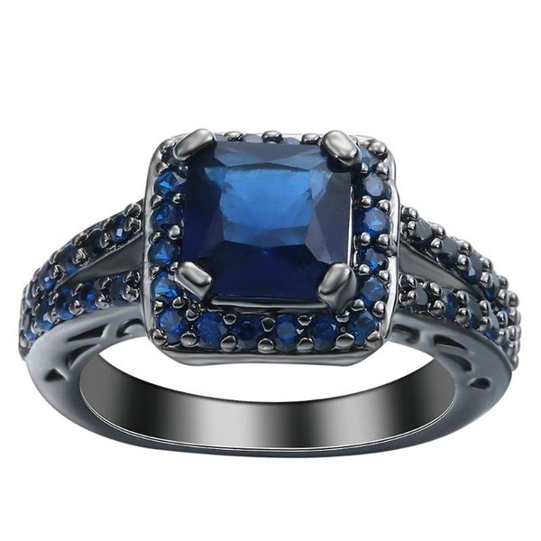 

wedding rings hainon fashion vintage black gold color for women men square dark blue cubic zircon engagement promise jewelry gifts, Slivery;golden
