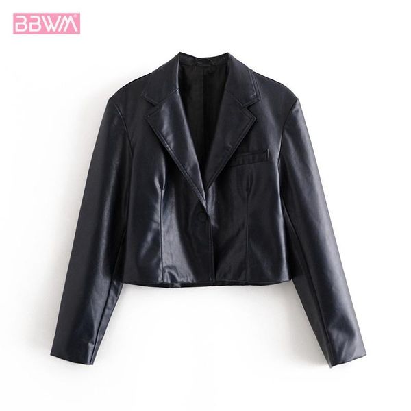 

women's fur & faux fashion pu lapel long sleeve black artificial leather short jacket female locomotive outerwear retro chic
