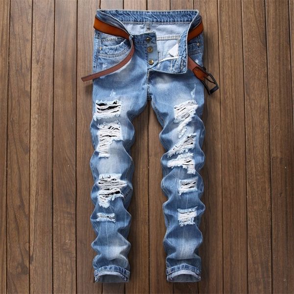 Moda di alta qualità Casual Uomo dritto Hip hop mendicanti foro blu maschile nostalgico strappato jeans di marca maschile 201223