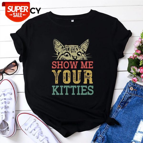 

jfuncy plus size women cotton t-shirt summer short sleeve oversize tshirt kitties print casual loose female tee shirts #3r6a, White