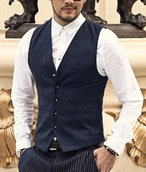 

tweed mens suit vest plaid neck wool brown single-breasted slim fit casual business groomman waistcoat for wedding man1, Black;white