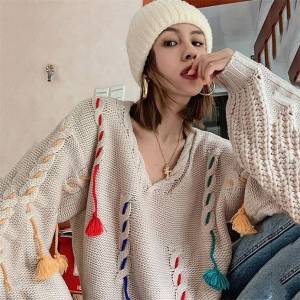 

2020 autumn winter women's sweaters europe loose tassel pullover sweater deep v neck sweater women lj201114, White;black