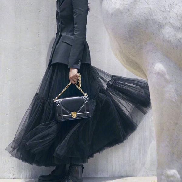 

runway luxury 2019 fashion elastic waist ball gown mesh skirts cake stitching skirt1, Black