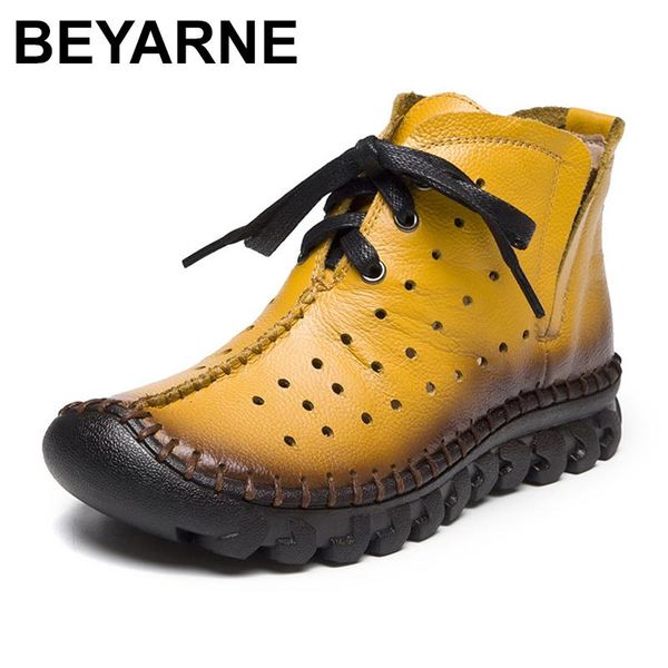 

boots beyarnefashion women handmade genuine leather summer cool lace up round toe flat ankle for casual shoes, Black