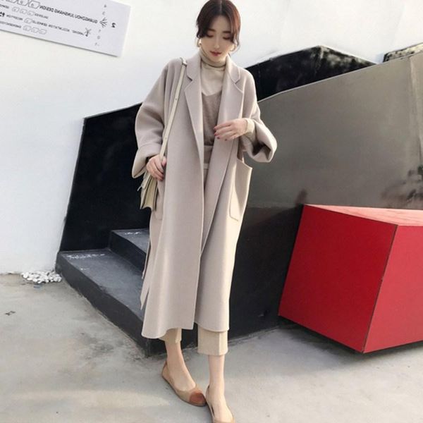 

women's wool & blends coats women solid sashes elegant winter overcoats womens outerwear fashion korean style simple all-match streetwe, Black