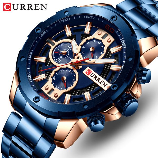 

curren men watch brand stainless steel mens watches chronograph quartz watch men sports clock relogio masculino reloj hombr t200112, Slivery;brown