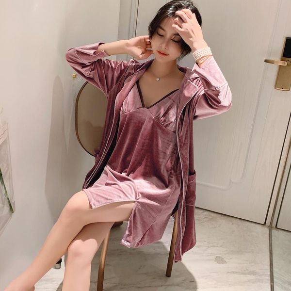 

women's sleepwear casual velour kimono robe gown suit female v-neck backless side splite nightgown autumn winter turn-down collar bathr, Black;red