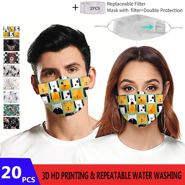 

stock 3d hd printing cool dog pattem in face mask adults reusable protective mask pm2.5 face masks 5layers fil