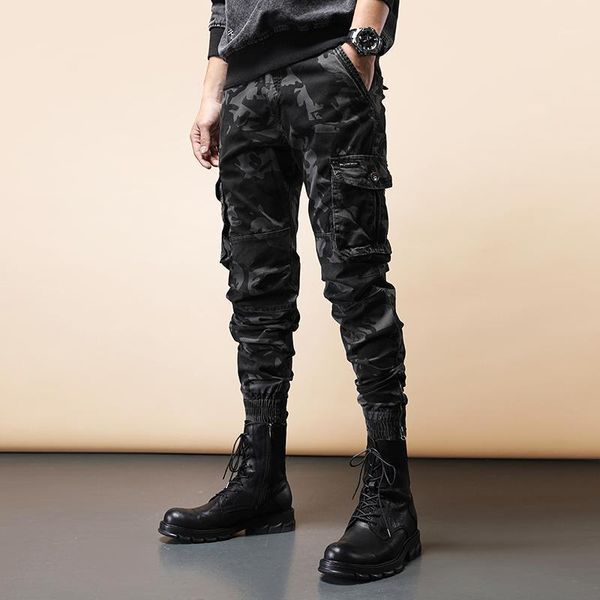 

newly designer fashion men jeans camouflage multi pockets casual cargo pants overall streetwear hip hop jogger trousers1, Blue