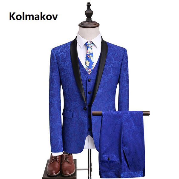 

men's suits & blazers (jacket+vest+pants) clothing blue business slim casual men suit fit prom party man wedding dress, White;black