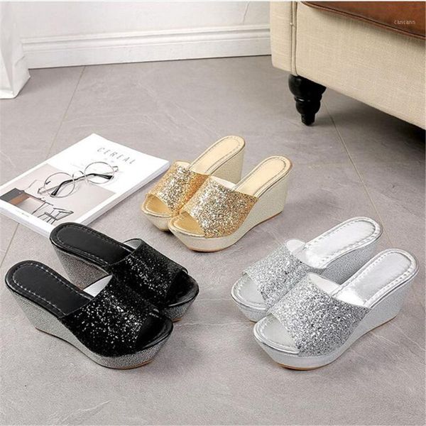 

women sequins sponge thick bottom summer shoes beach sandal slippers golden platform wedge high heels women bling summer sandals1, Black