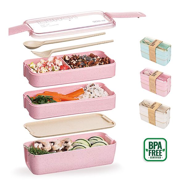 Bento Lunch Box per bambini Contenitori per alimenti Paglia di grano 3 strati Pasto Prep Forniture da campeggio ecologiche a prova di perdite in stile giapponese T200710
