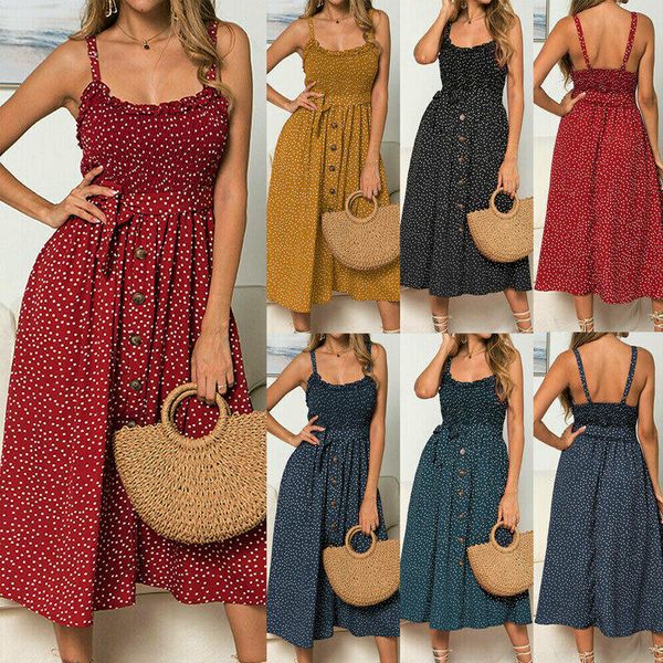 

women summer comfort polka dot printing casual slip dress tie knot front button sleeveless beach holiday vacation midi dresses, Black;gray