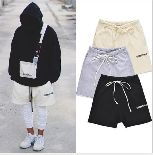 

mens high street elastic waist shorts pants women hip hop sessentials print pants lovers cutton solid color casual pants, Black