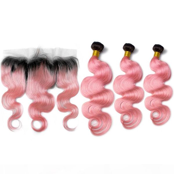 

dark roots ombre pink body wave peruvian hair bundles with frontal closure #1b pink ombre human hair 3bundles with full lace frontal 13x4, Black;brown