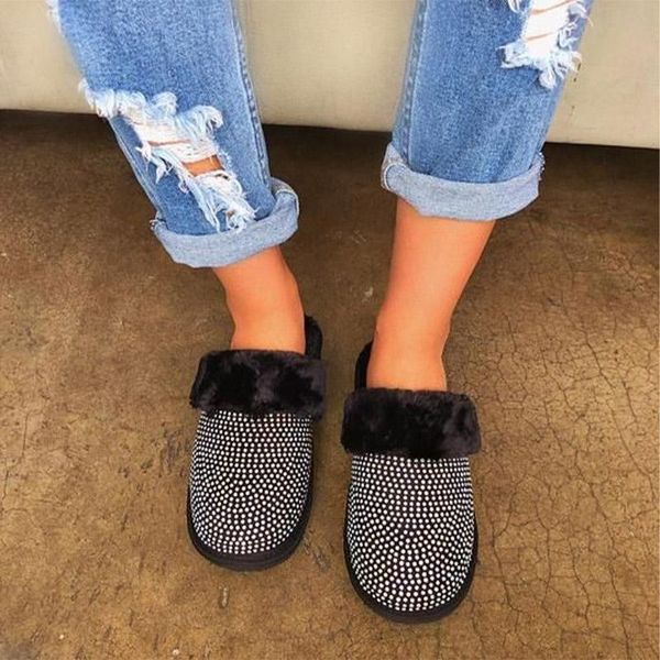 

slippers women fur winter glitter fluffy flat bling female house shoes slides woman crystal ladies home warm, Black