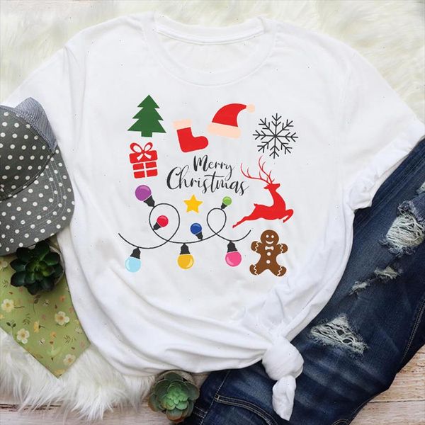 

women cartoon deer snowflake new year 90s holiday merry christmas print lady female graphic tees clothes t shirt t shirt, White