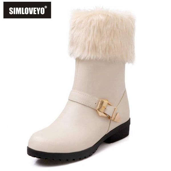 

simloveyo shoes women ankle boots round toe low heel buckle plush furry boots punk slip on pu leather bottines mujer black red