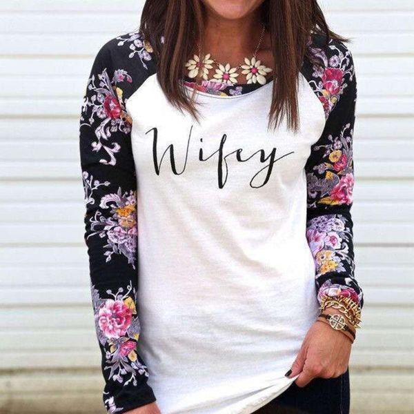 

wholesale- 2016 casual loose women floral t-shirts cotton long sleeve o-neck wifey shirts lady clothing blusas white , l, xl1