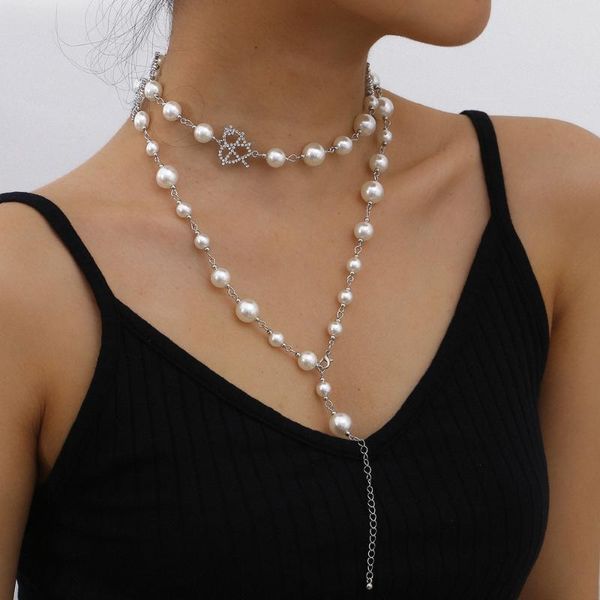 

chains multilayer pearl rhinestone heart pendant necklace for women fashion elegant wild long sweater chain jewerly, Silver