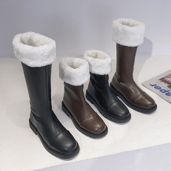 

shoes lady boots luxury designer winter footwear boots-women flat heel round toe fashion 2020 mid calf mid-calf low rubber, Black