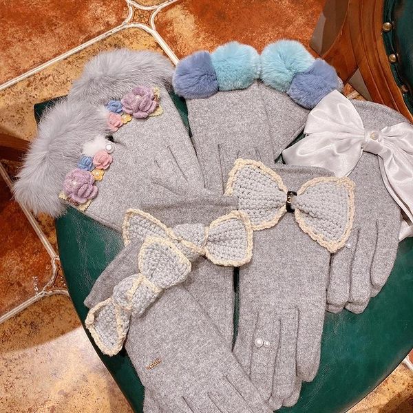 

korean winter gloves for women cashmere warm bowknot gloves ladies full finger wool soft mitten touch screen driving, Blue;gray
