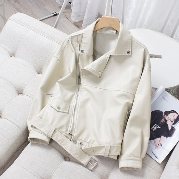 

2021 new woman bf style plutonium leather with spring belt streetwear oversized black jacket outwear qruy