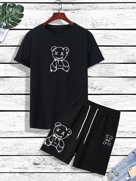

men bear print tee & drawstring waist shorts g7li#, Gray