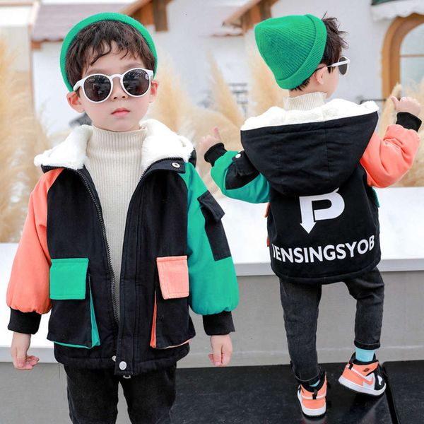 

thickened boys' hooded color matching plush coat autumn and winter 2020 new children's cool warm windbreaker cardigan fashion, Black