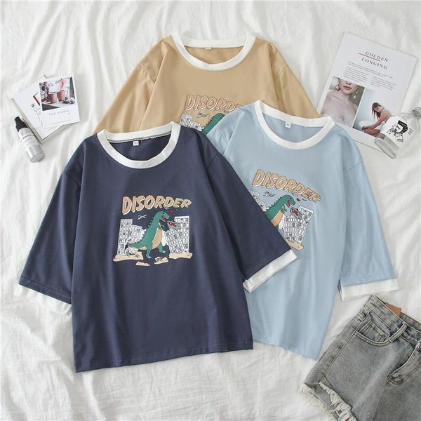 

summer new ins haif sleeves women t-shirts korean style plus size dinosaur goddess hit color harajuku female fd4117, White