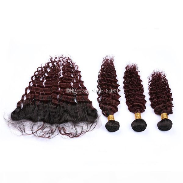 

1b 99j hair bundles with lace frontal closure 2 tone black to burgundy deep wave lace frontal with bundles ombre hair extensions, Black;brown