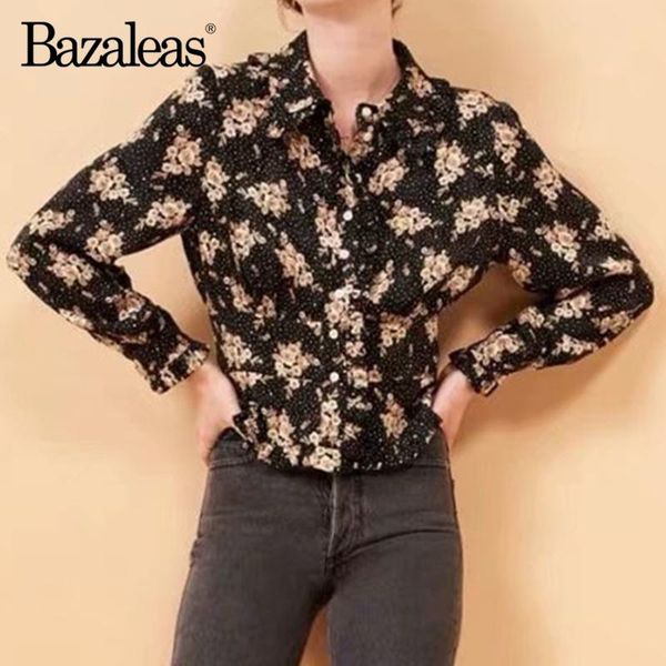 

bazaleas fashion brown floral print black blouse women vintage long sleeve blouse harajuku shirt chic mujer, White