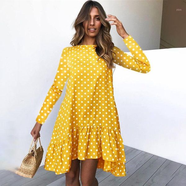 

spring fashion polka dot dress women long sleeve ruffle ladies casual dresses 2020 yellow losse dress for women clothes blue1, Black;gray