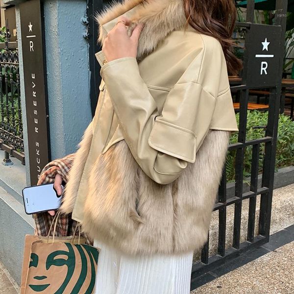 

2020 fashion winter leather patchwork faux fur coat women long sleeve with pocket single-breasted fur jackets chaqueta mujer1, Black